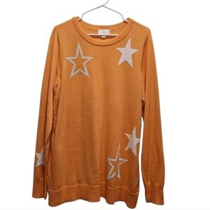 Belle by Kim Gravel Orange Lightweight Tunic  Sweater White Stars Size L
